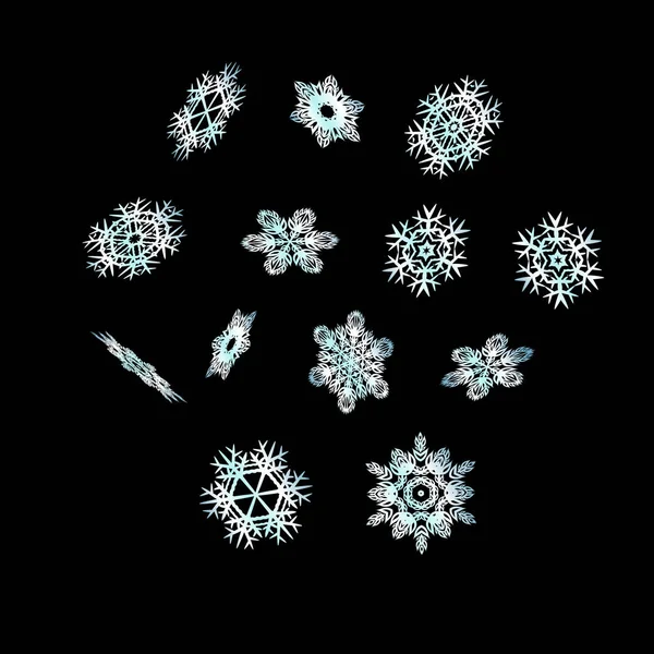 Σύνολο των 3d μπλε νιφάδες χιονιού σε μαύρο φόντο. Εικονογράφηση διάνυσμα Χριστούγεννα. — Διανυσματικό Αρχείο