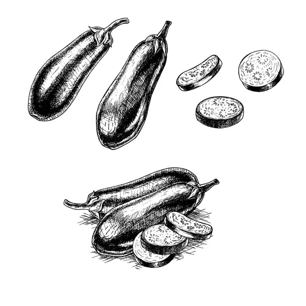 Ensemble d'aubergines dessiné à la main. Croquis vectoriel — Image vectorielle