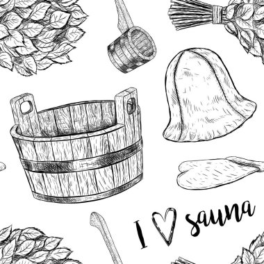 Sauna için Seamless Modeli öğeler. El duş almak için ayarla vektör çekilmiş.