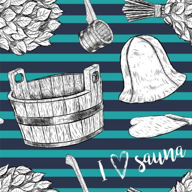 Sauna için Seamless Modeli öğeler. El duş almak için ayarla vektör çekilmiş.
