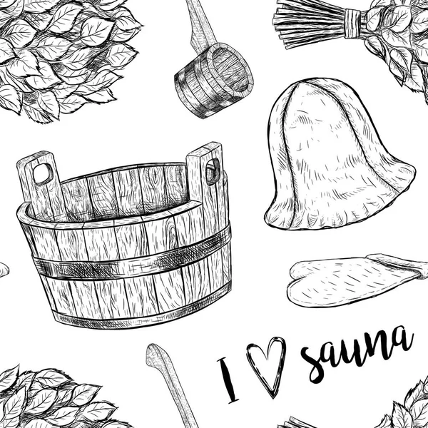 Seamless pattern items for sauna. Hand drawn vector set for bath. — Stock Vector