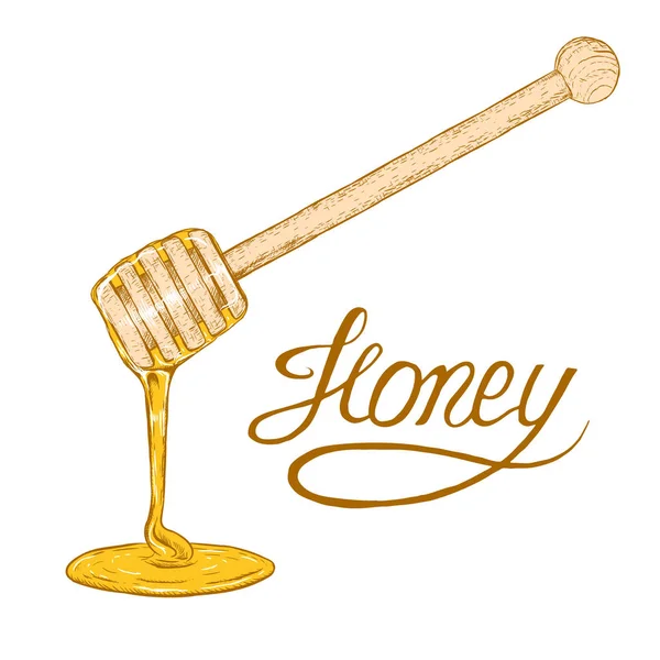 Hand drawn honey stick with drop. Vector sketch — Stock Vector