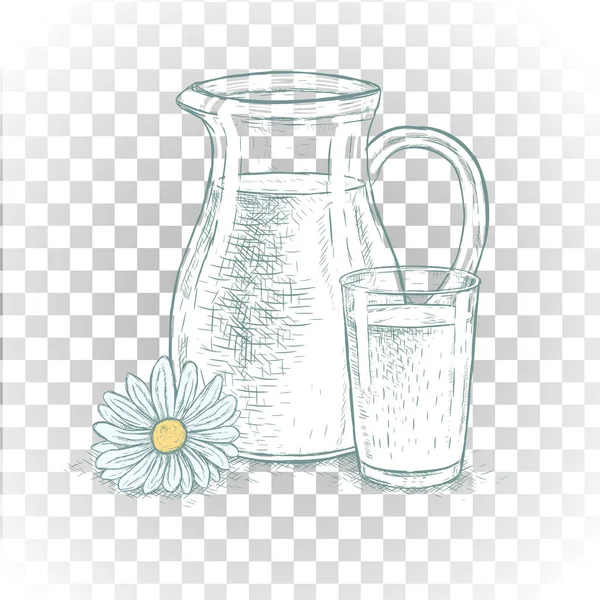 Caraffa di latte tirata a mano e bicchiere di latte con margherita. Schizzo vettoriale — Vettoriale Stock