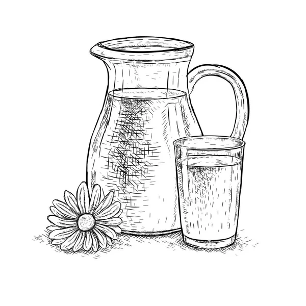 Jarra de leche extraída a mano y vaso de leche con margarita. Boceto vectorial — Vector de stock
