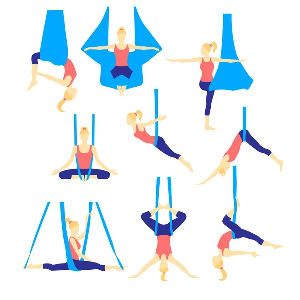 Iconos planos de Aero yoga. Ilustración vectorial . — Vector de stock
