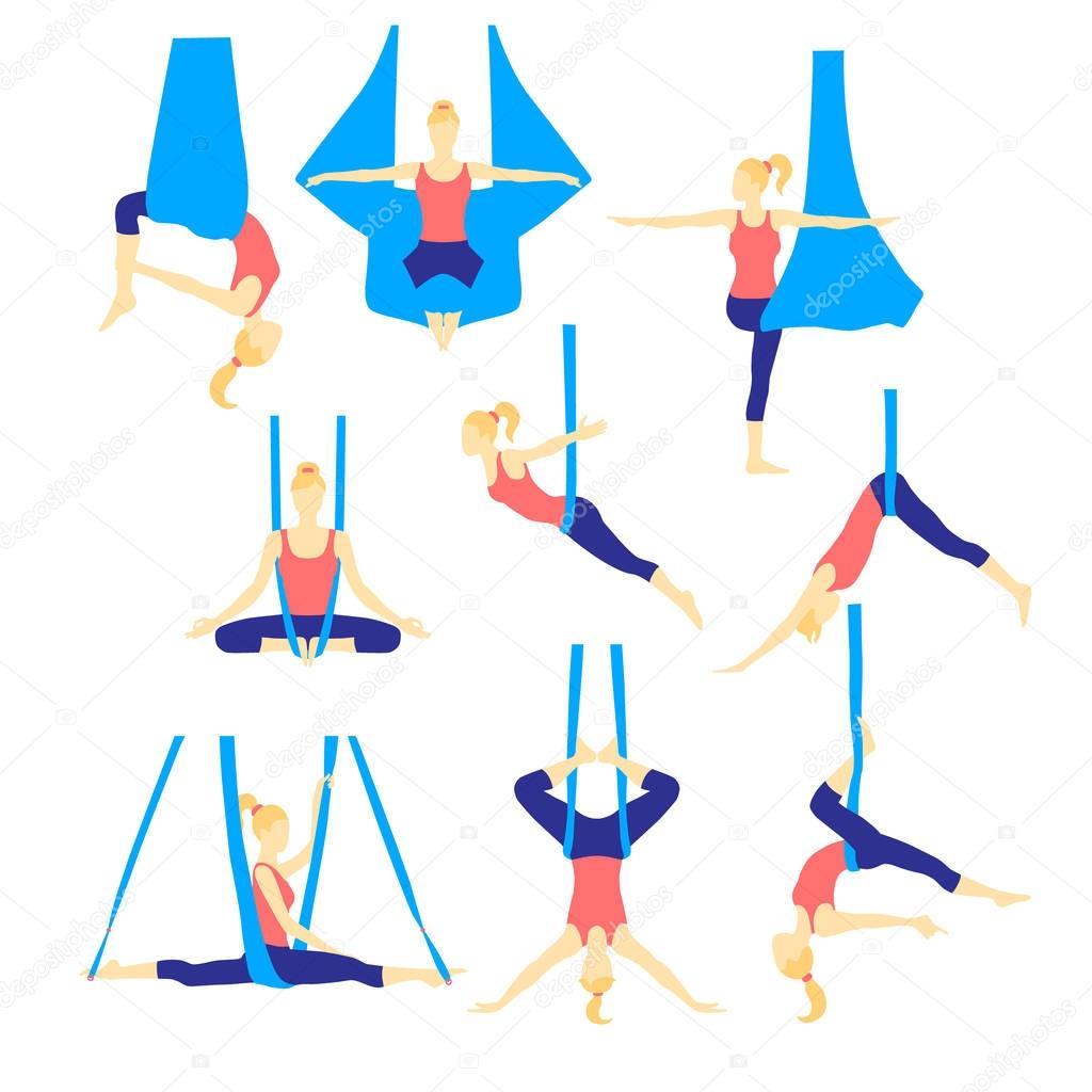 Aero yoga flat icons. Vector illustration.