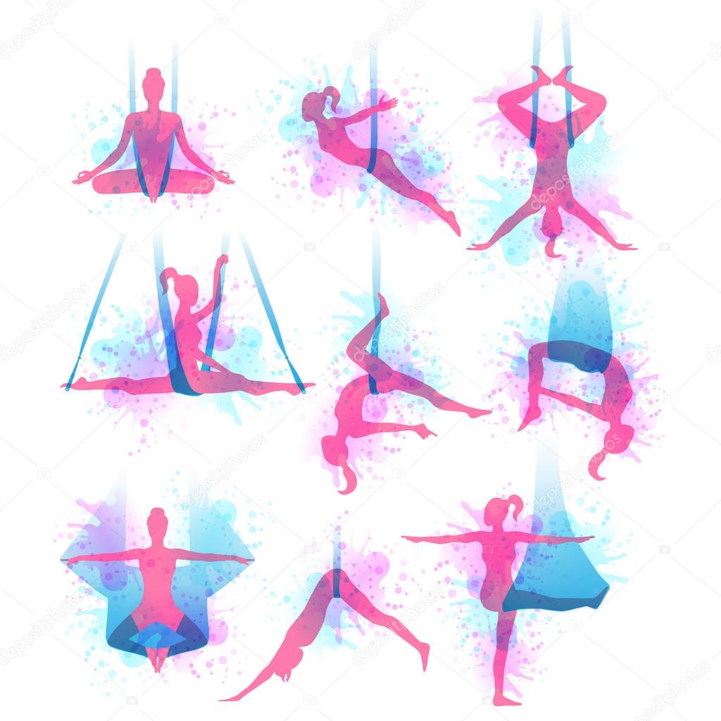 Aero yoga watercolor icons. Vector illustration.