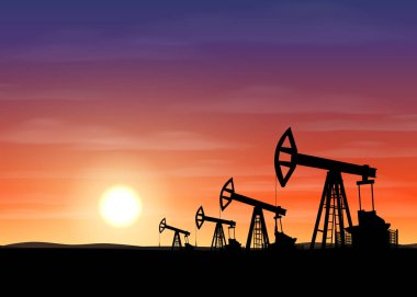 Gün batımında petrol kuleleri. Petrol matkap arka plan. Vektör çizim.