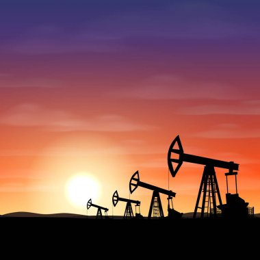 Gün batımında petrol kuleleri. Petrol matkap arka plan. Vektör çizim.