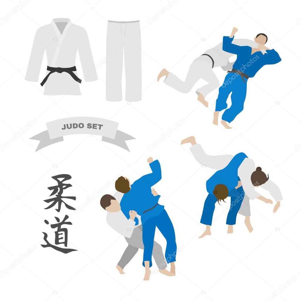 Judo vector set. Kimono and throws. Characters of the word judo.