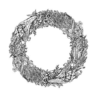 Elle çizilmiş çelenk çiçek. Vintage kroki. Vektör çizim.