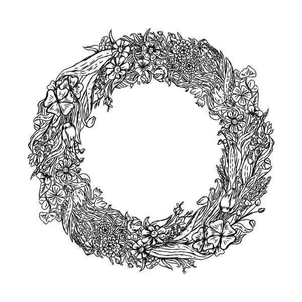 花の手描きの花輪。ビンテージのスケッチ。ベクトル図. — ストックベクタ