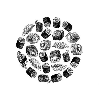 Suşi ve rulo ile çizilmiş arka plan ver. Vektör çizimi