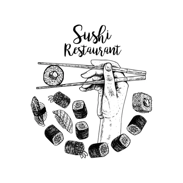 Hand getrokken logo design met sushi. Vector schets — Stockvector