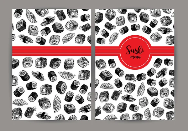 Handgezeichneter Einband mit Sushi. Vektorhintergrund mit Skizzen — Stockvektor