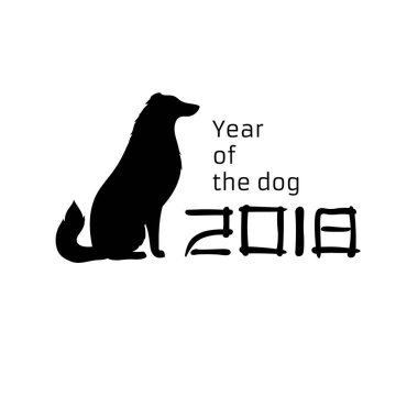 2018 yıl köpek. Siluet evde beslenen hayvan. Siyah beyaz tasarım. Vektör çizim.