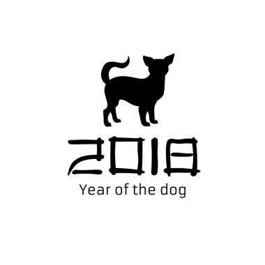 2018 yıl köpek. Siluet evde beslenen hayvan. Siyah beyaz tasarım. Vektör çizim.