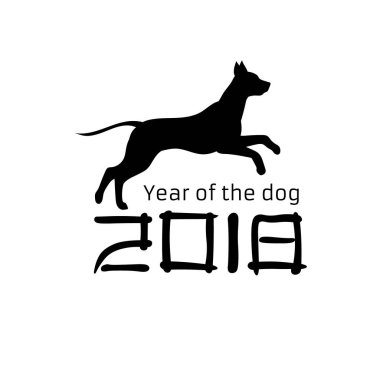 2018 yıl köpek. Siluet evde beslenen hayvan. Siyah beyaz tasarım. Vektör çizim.
