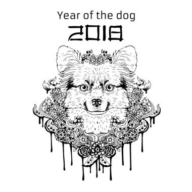 2018 zodyak köpek. Yeni yıl tasarım. Noel arka plan. Vektör çizim.