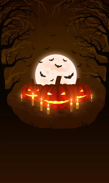 Achtergrond met pompoenen en enge bos. Halloween ontwerp. Vectorillustratie. — Stockvector