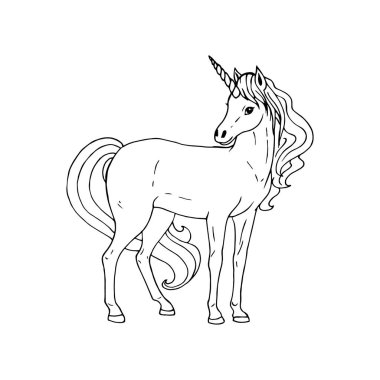 El yapımı tek boynuzlu at. Vektör siyah beyaz çizimi.