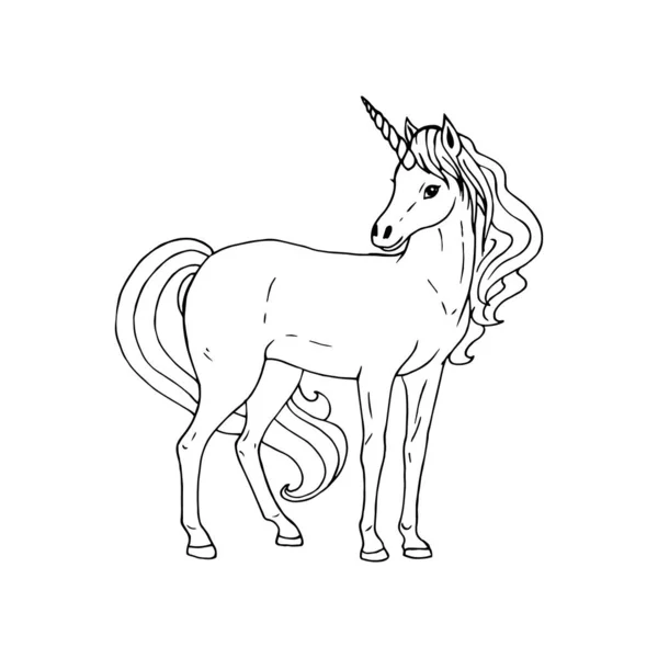 Unicorno disegnato a mano. Schizzo bianco nero vettoriale . Grafiche Vettoriali
