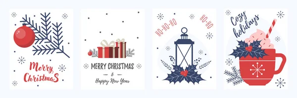 圣诞快乐卡。 新年贺卡与新年礼品盒,分枝与球. 雪花的框架。 冬装杯. — 图库矢量图片