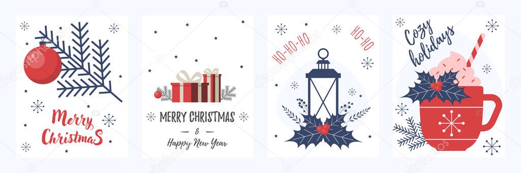 Merry Christmas cards. New Year greeting cards with New Year gift box, branch with ball. Snowflakes frame. Winter Mug.