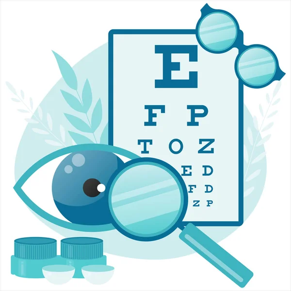 Ophthalmologist Test Myopia Eye. Eye and vision tests. Eyewear. Eyeglasses. — Stock Vector