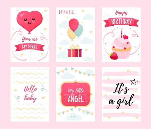 Set von niedlichen Babyduschkarten. Karten mit Herzen, Luftballons, Geschenkbox und Kuchen. — Stockvektor