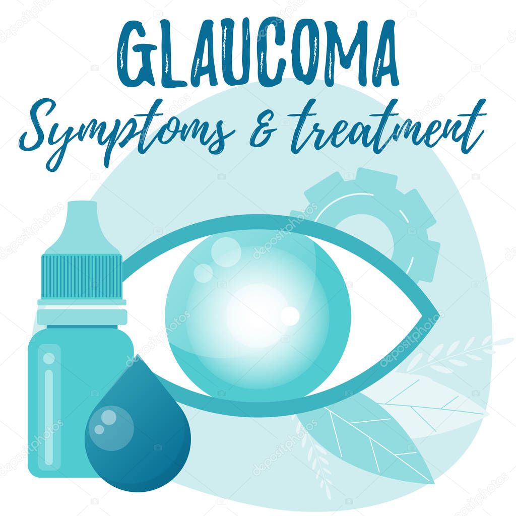 Glaucoma. Symptoms and treatment. Eye drops bottle. Eyedropper.