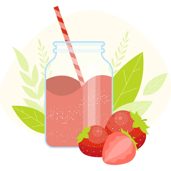 Strawberries smoothie in glass jar. Healthy diet food. Detox breakfast — Stock Vector