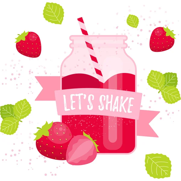 Milchshake-Vektor flache Abbildung. Cartoon-Glas und Stroh mit rosa Erdbeer-Milchshake — Stockvektor