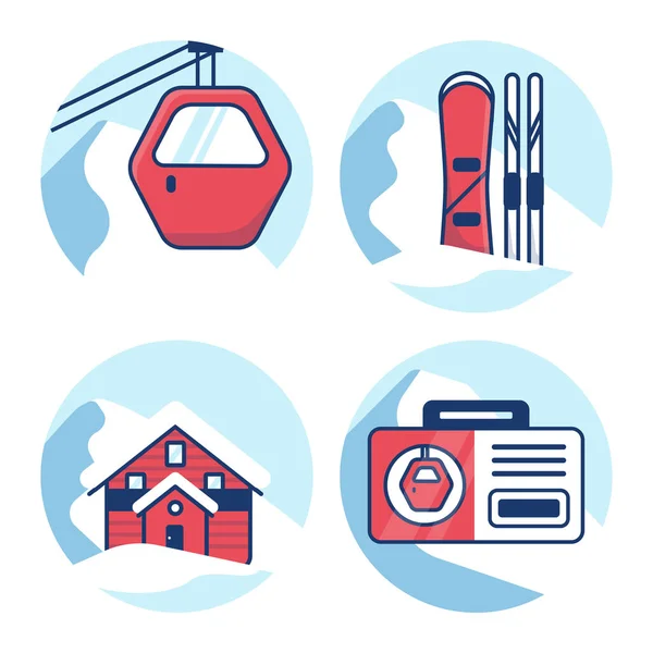 Ski resort icon set. Red cabin lift, Equipment rental, Hotel, mountain shelter, Ski pass. — Stock Vector