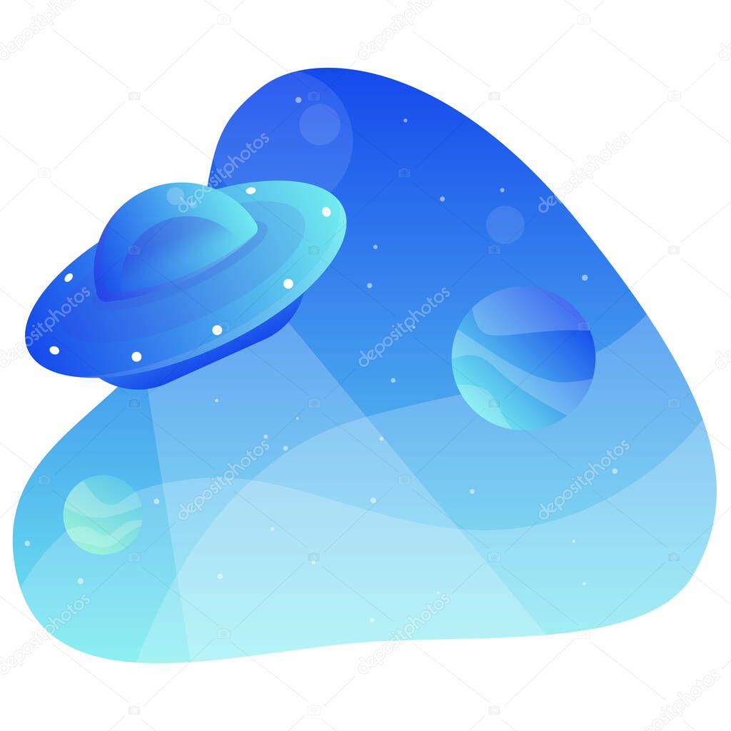 Ufo flying spaceship in space with the planets. Blue modern sky. Alien space ship.