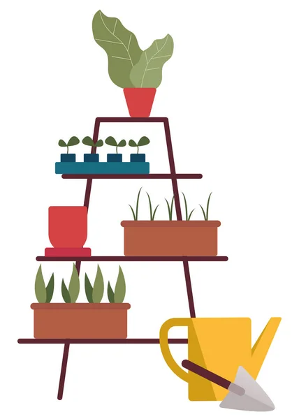 Pflanzen in stehenden Regalen. Sämling in Töpfen. Urban Gardening-Konzept. — Stockvektor