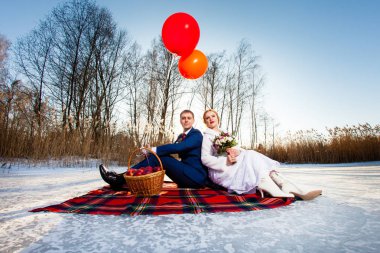 Gelin ve damat Balonlu ekose üzerinde oturan 