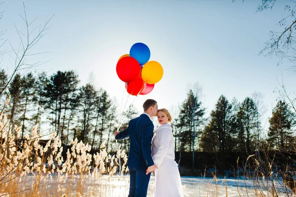 Sposa e sposo sono in piedi vicino al lago ghiacciato al tramonto — Foto Stock