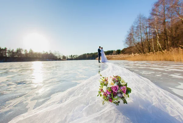 Braut und Bräutigam stehen mit langem Brautschleier an der Oberfläche des zugefrorenen Sees — Stockfoto