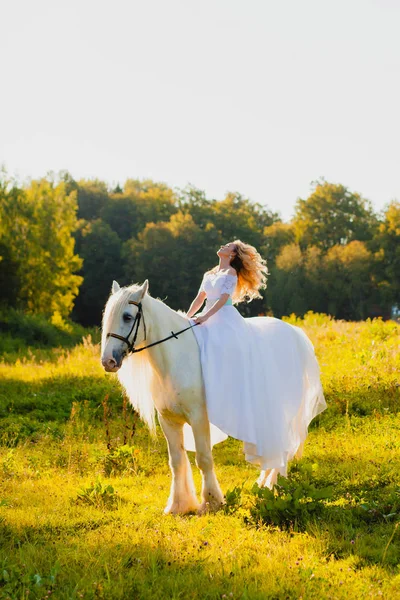 Novia montando un caballo en el fondo de un atardecer de verano — Foto de Stock