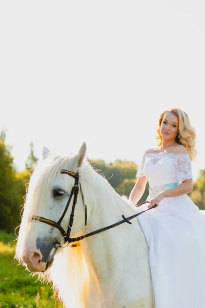 Retrato de una novia a caballo sobre el fondo de una puesta de sol de verano — Foto de Stock