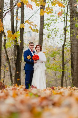 Gelin ve damat sonbahar park ve uçan sonbahar yaprakları