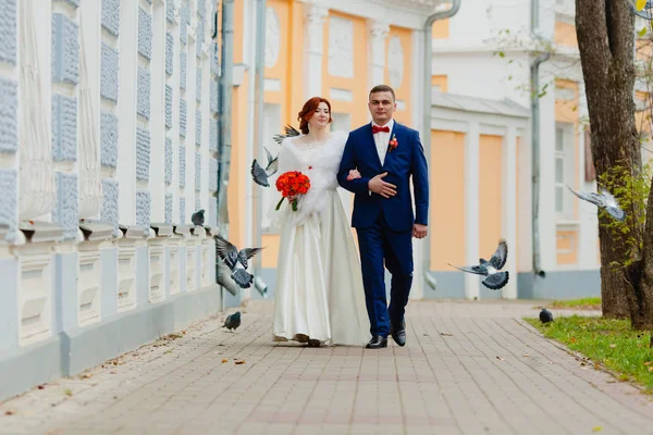 Gelin ve damat sonbahar park ve uçan kuşlar