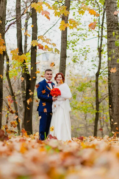 Bride and groom in the autumn park and flying autumn leaves — Stock Photo, Image