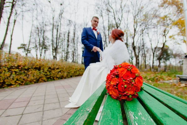 Bruid en bruidegom in het park op de achtergrond van prachtige herfst landschap — Stockfoto