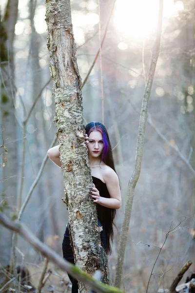 Retrato de la mujer gótica en el oscuro bosque invernal —  Fotos de Stock