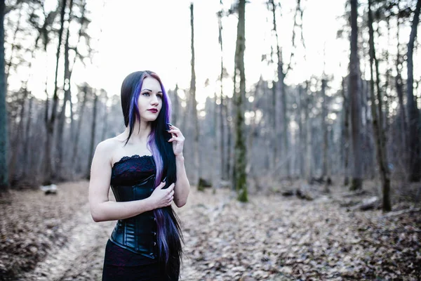 Retrato de la mujer gótica en el oscuro bosque invernal —  Fotos de Stock