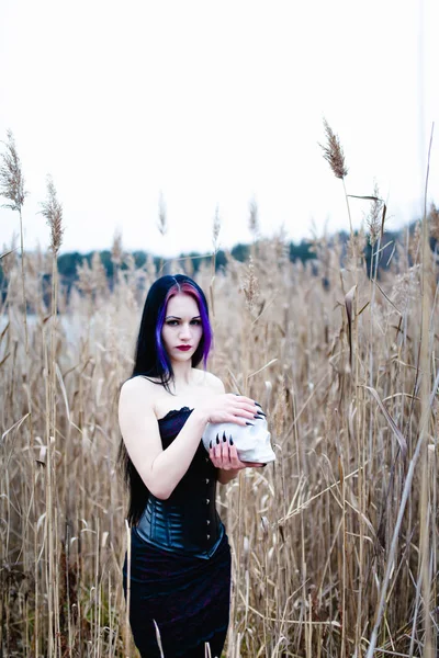 Portrét gothic ženy s lebkou ve vysoké suché trávě — Stock fotografie