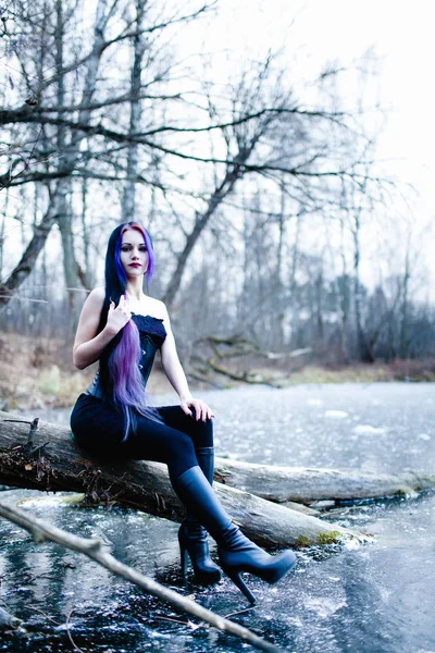 Retrato de la mujer gótica en el lago congelado —  Fotos de Stock