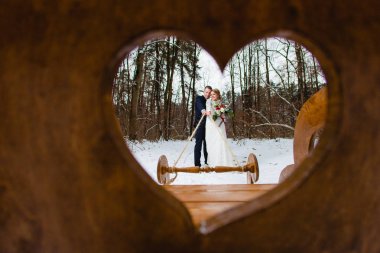 Damat ve gelin büyük ahşap kızak ile kış ormandaki